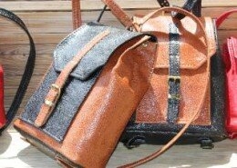 James and Rombye Perry of Tennessee make bags, belts and bracelets hand stitched with the finest chrome tanned leathers and solid brass or nickel hardware.