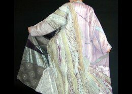 Mimi Hay Fiber Artist in NC creates jackets, skirts, dresses and kimonos collaged with fabrics; embellished with paint, embroidered, quilted or hand-beaded.