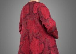 Liz Spear, Fiber Artist from Waynesville, NC, makes one-of-a-kind, wearable shirts, jackets, vests, hats and coats with handwoven cotton and rayon cloth.