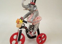 Andree Richmond, Ceramic Artist in NC, creates fantastical animals, often wheeled, as in the struggle for balance between technology and natural rhythms.