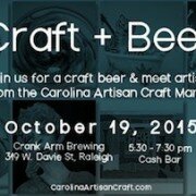 Join us Monday, October 19 at Crank Arm Brewery to connect over two things to love: craft art and craft beer. Craft artists featured at the Carolina Artisan Craft Market will be on hand to talk about their art and share their creative process. Sip local brews and get a sneak peek of the Carolina Artisan Craft Market coming to Downtown Raleigh November 6-8.