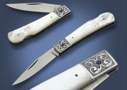 Tim Britton, metal craftsmen in Winston-Salem, creates handmade knives with mother of pearl or wood burls, engraving, 24K inlay and precious stones.