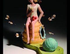 Amy Goldstein-Rice, clay artist from SC, creates ceramic sculptures from hand-built and wheel-thrown forms with found objects as part of the narrative.  